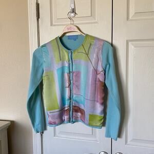 VINTAGE J. McLaughlin Cardigan Sweater Silk Scarf Print Front Knit Back Women M